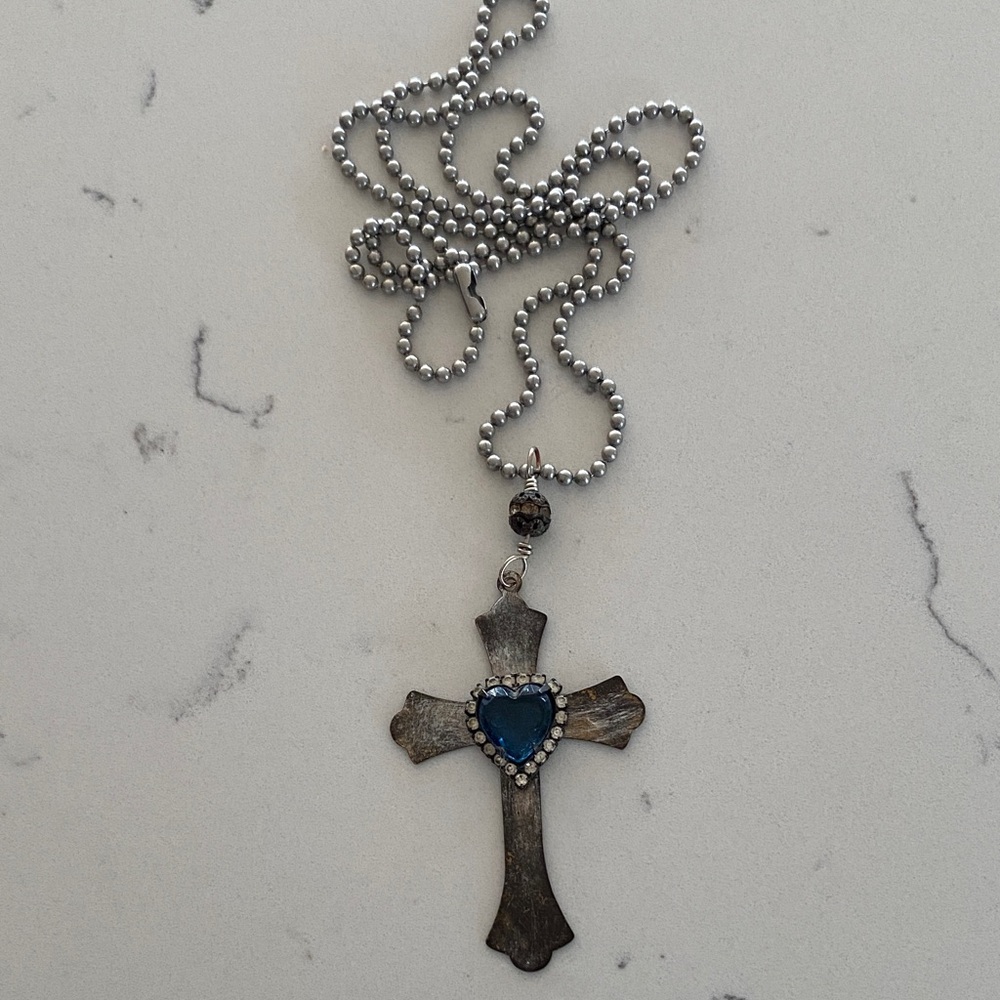 GORGEOUS one of a kind sapphire heart/rhinestone embellished dog tag necklace!